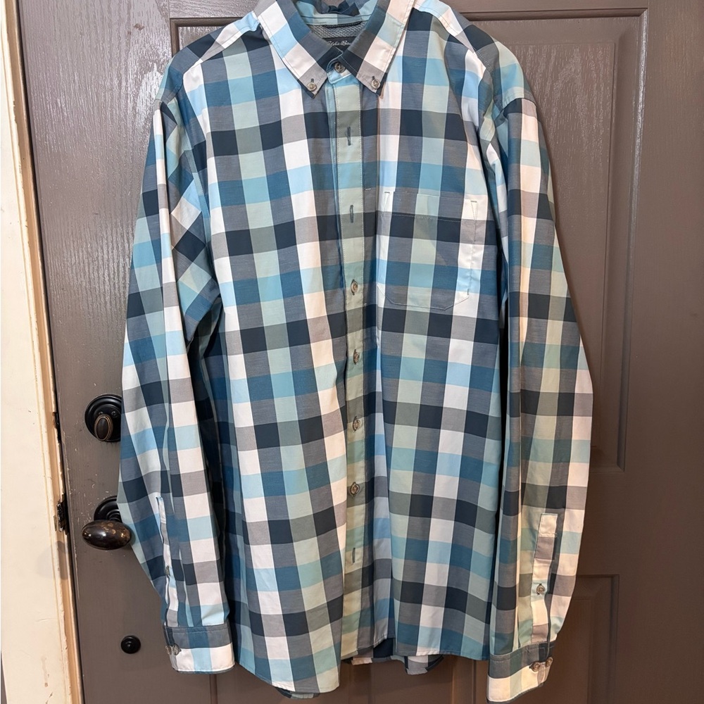 Eddie Bauer Men's Blue and White Plaid Shirt